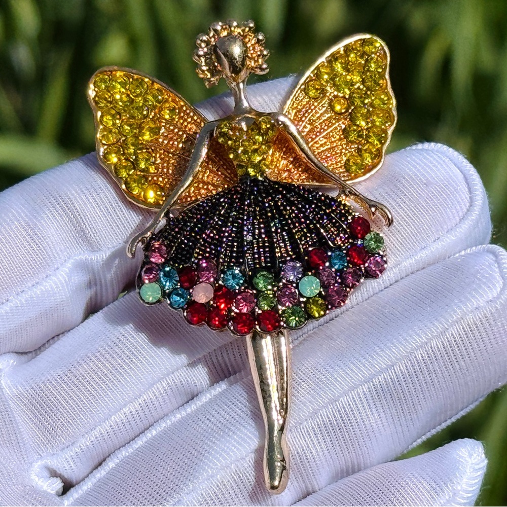Gold-Tone Yellow Wing Multicolor Crystal Ballerina Brooch Fairy Brooch